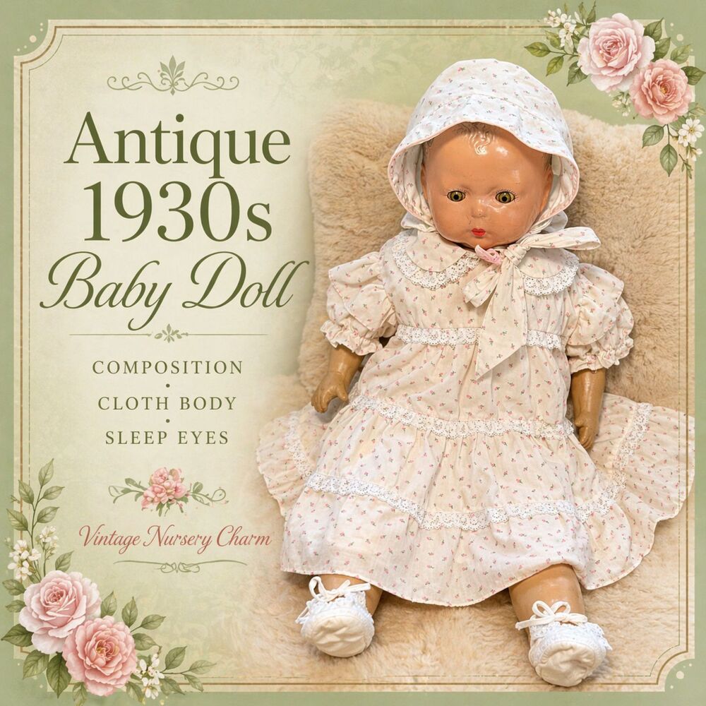 Antique 1930s Composition Baby Doll Cloth Body Sleep Eyes Nursery Dressed